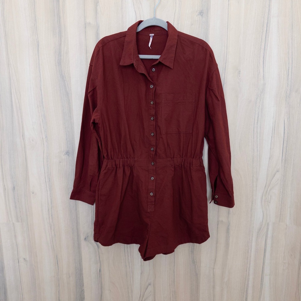 Free People Womens Romper M Long Sleeve Button Front Utility Boho Western Earthy